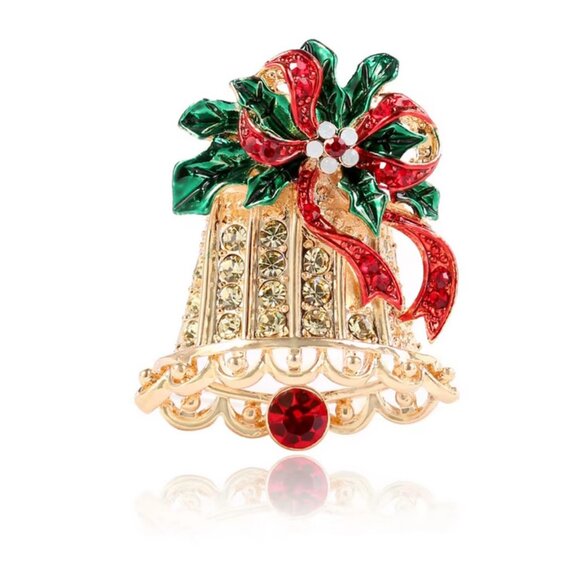 ❤️5/$15💚 Gold Tone Christmas Bell Pin Brooch with Rhinestones - Picture 1 of 3